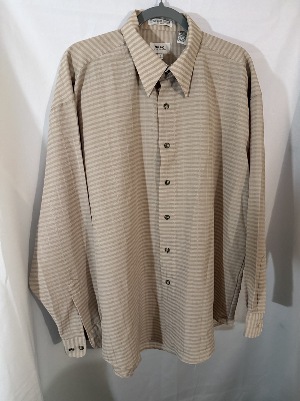 Pavo by Lastrada Men’s Button Up Shirt Tan Size L Striped Long Sleeve Rayon Blen